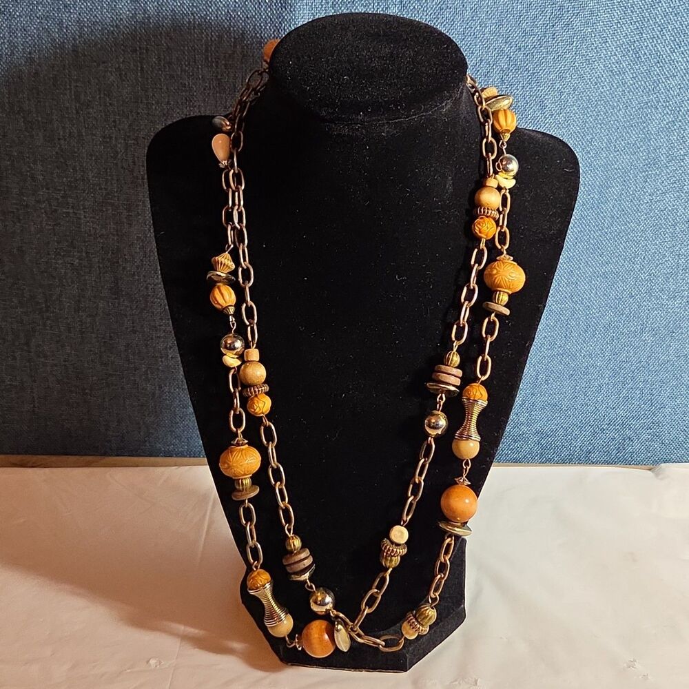 Earth Tone Bead Coppertone Chain Necklace Boho 70s Vibe - Picture 14 of 16